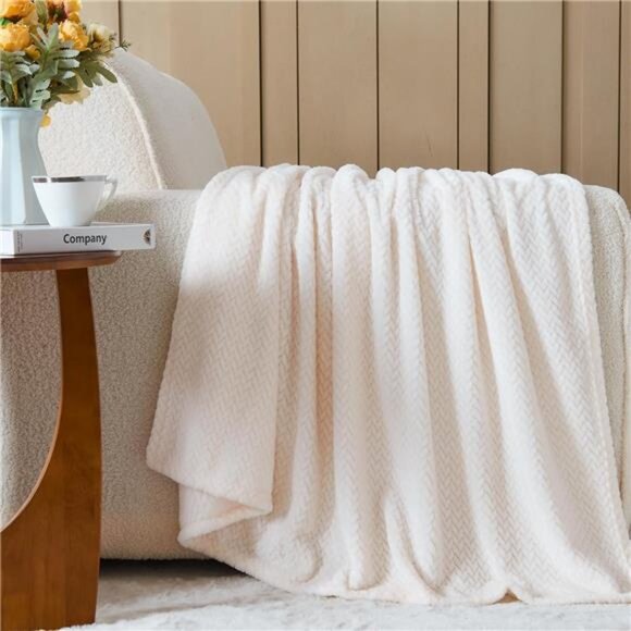 Super Soft Throw Blanket Flannel Fleece Lightweight Bed Blanket All Season Ivory - Picture 2 of 7